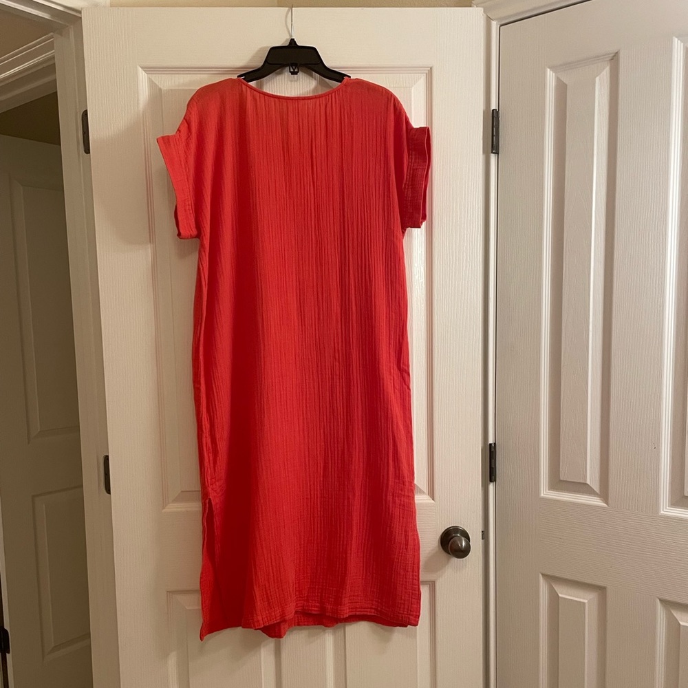 EILEEN FISHER Organic Cotton Gauze V-Neck Short Sleeved Dress in Orange - Picture 7 of 8